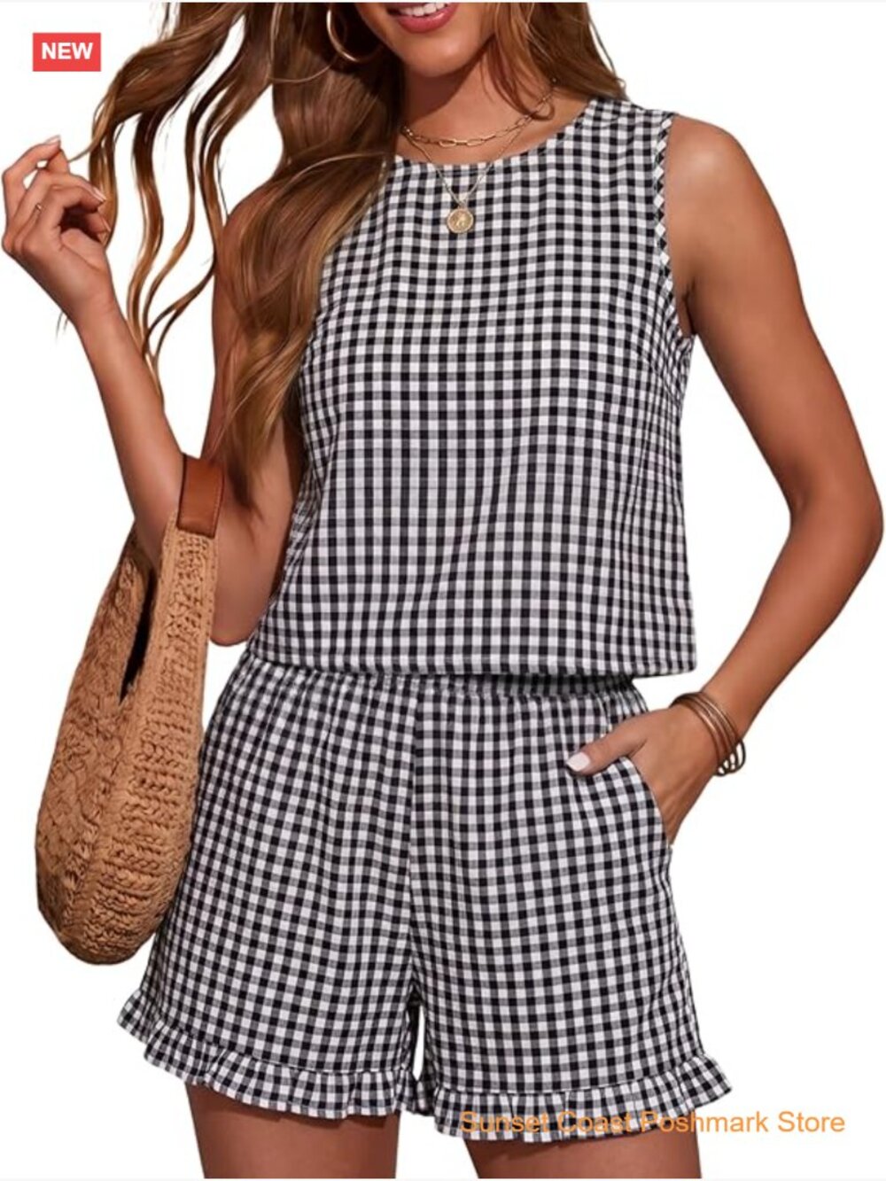 Women's Gingham Check 2 Piece Set Sleeveless Tank Top and Ruffle Hem Shorts